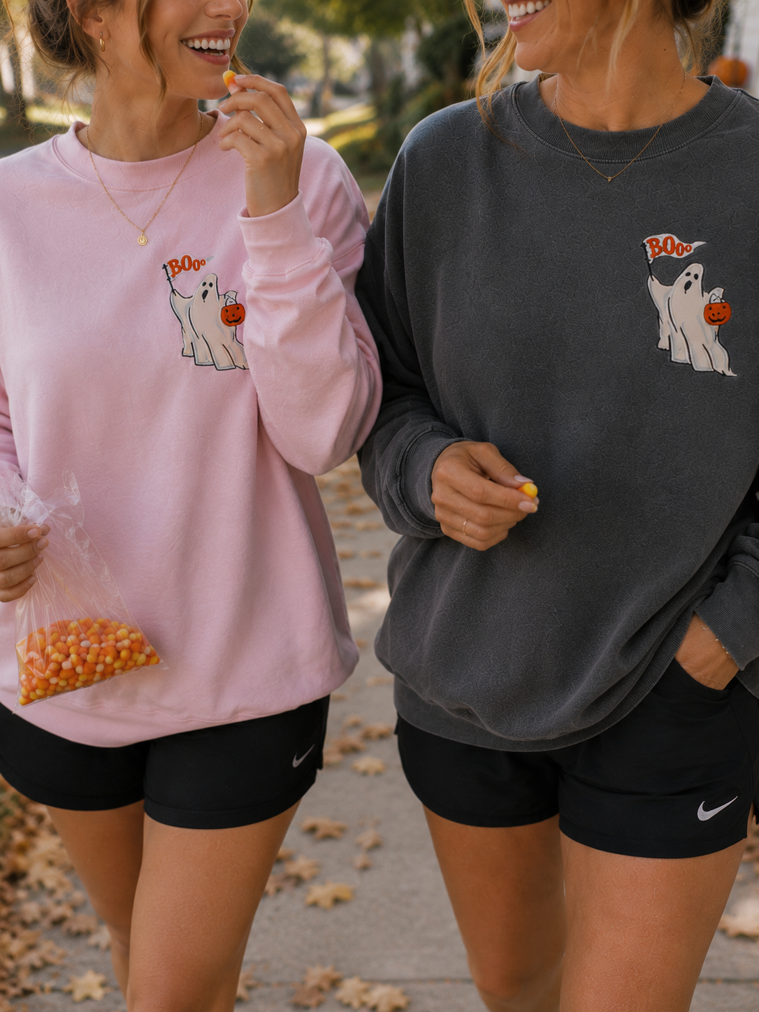 Boo Trick or Treater Embroidered Crewneck- Adult (Pink/Charcoal)