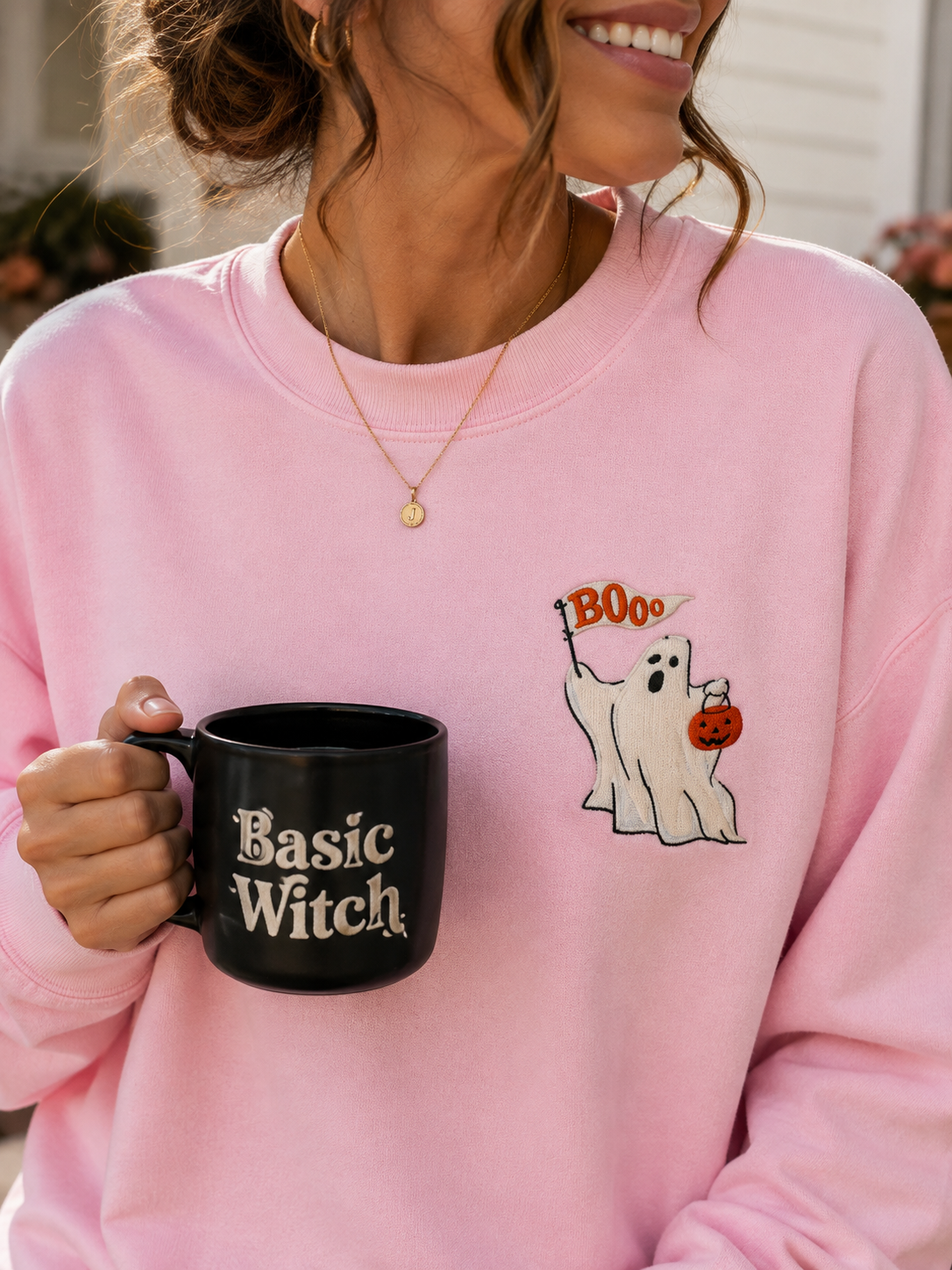 Boo Trick or Treater Embroidered Crewneck- Adult (Pink/Charcoal)