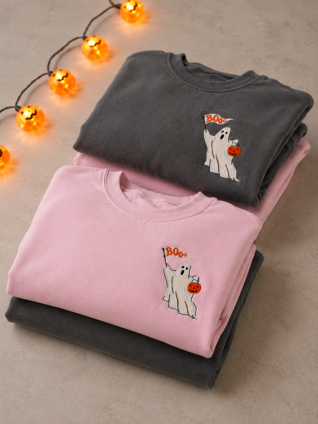 Boo Trick or Treater Embroidered Crewneck- Adult (Pink/Charcoal)