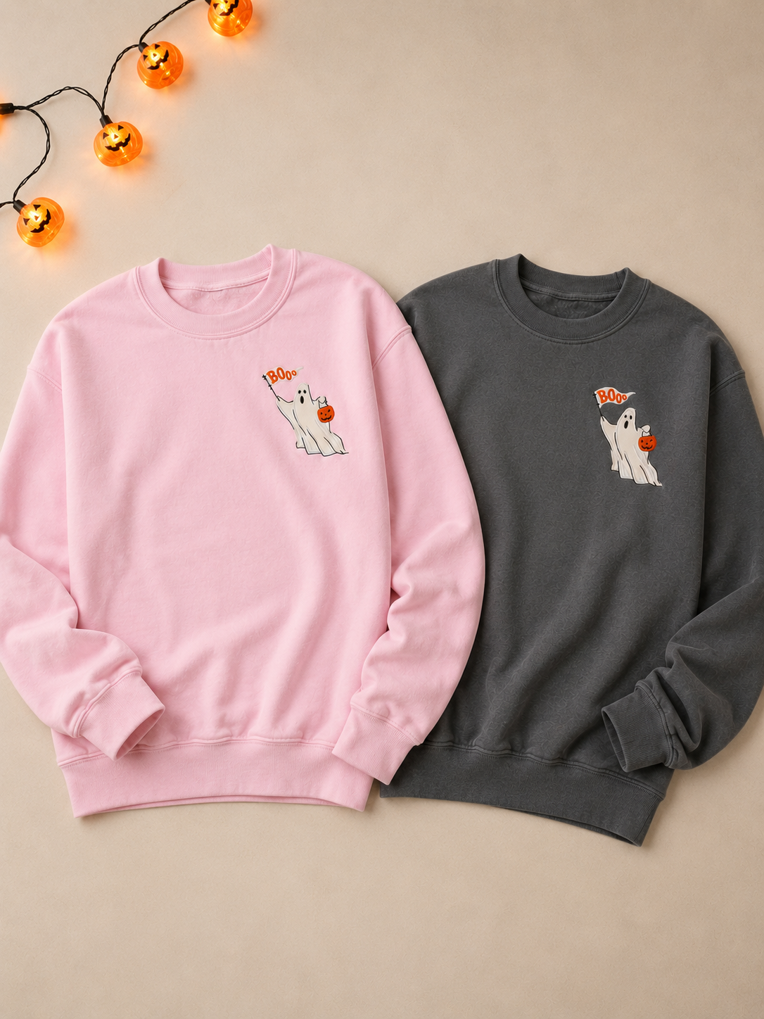 Boo Trick or Treater Embroidered Crewneck- Adult (Pink/Charcoal)